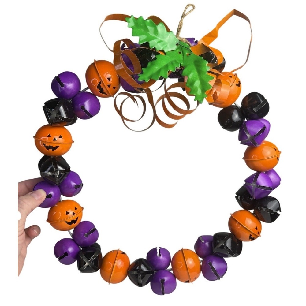 Pumpkin Metal Bell Halloween Wreath Purple Orange Black Folk Art Handmade Decor - Picture 1 of 4